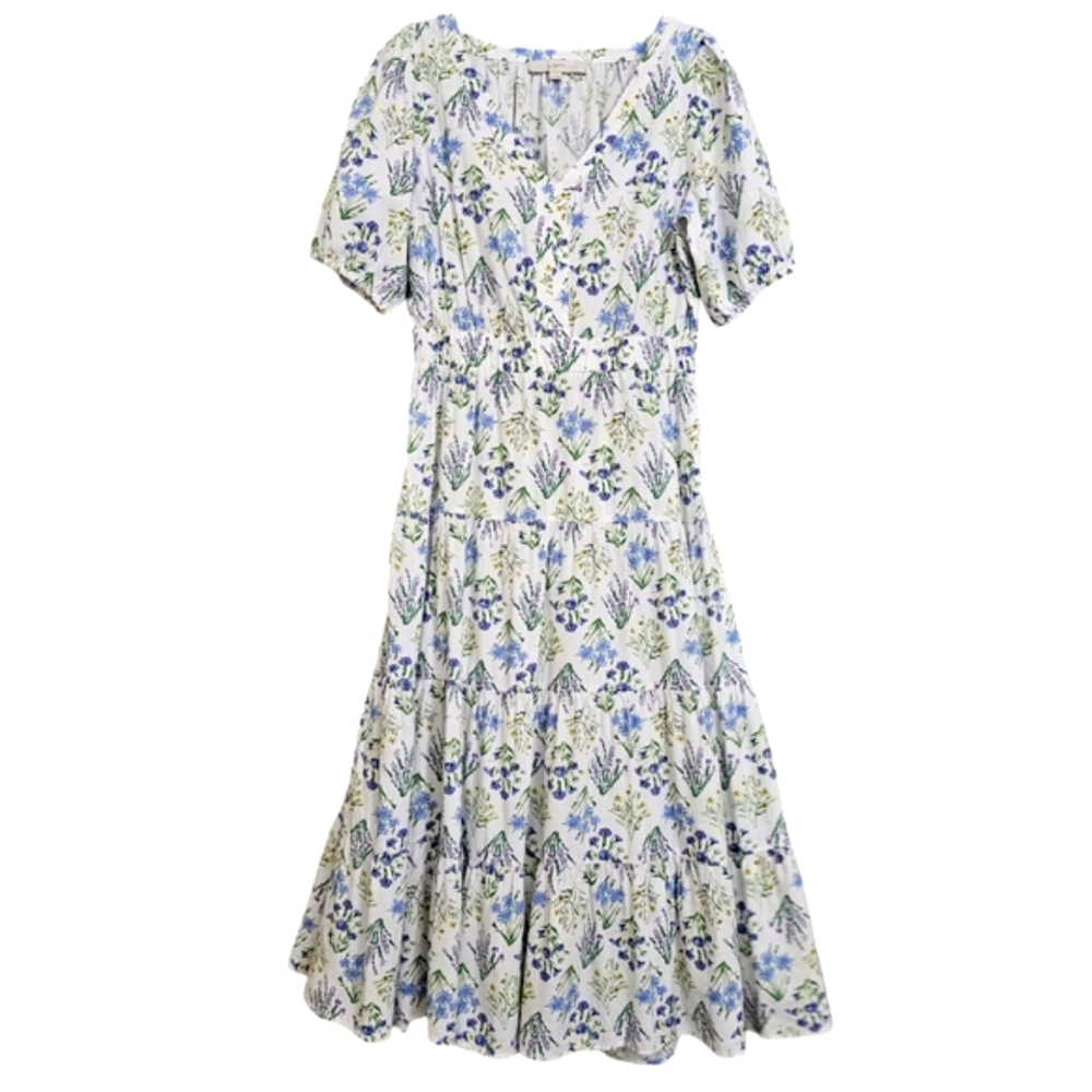 Nwot LOFT  White /Blue/Lavender Floral Puffed Sleeve Back Cutout Tier Midi Dress - Picture 16 of 16